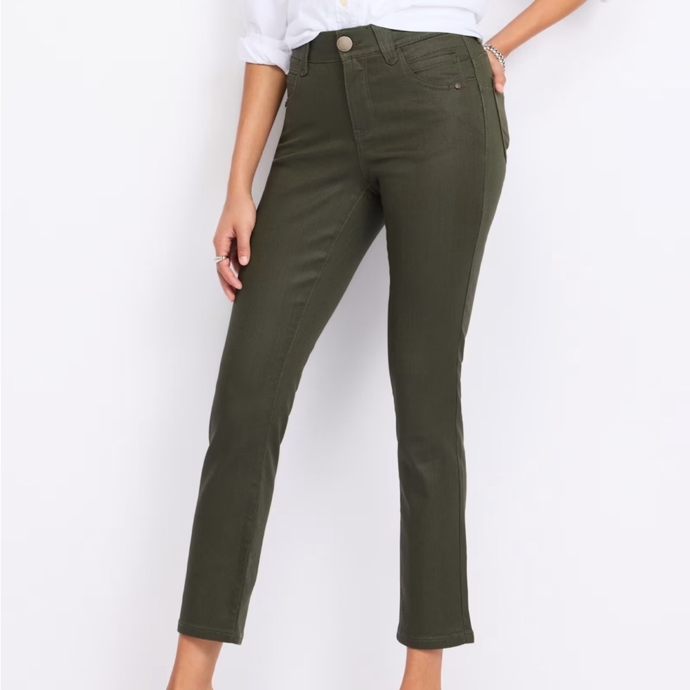 EXCELLENT CONDITION WOMENS 12 DEMOCRACY “AB” SOLUTION HI-RISE OLIVE GREEN PANTS